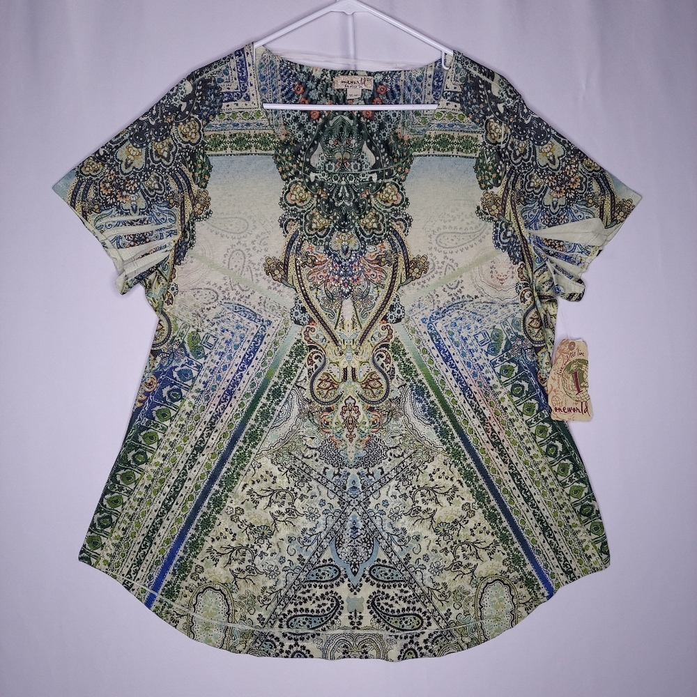 One World Top 2X‎ Short Sleeve Green Print Sequin Scoop Stretch Knit Boho Witchy